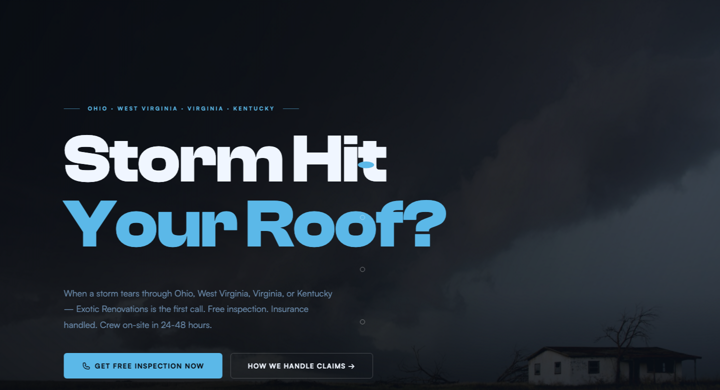 Exotic Renovations contractor website hero preview with storm damage inspection call to action