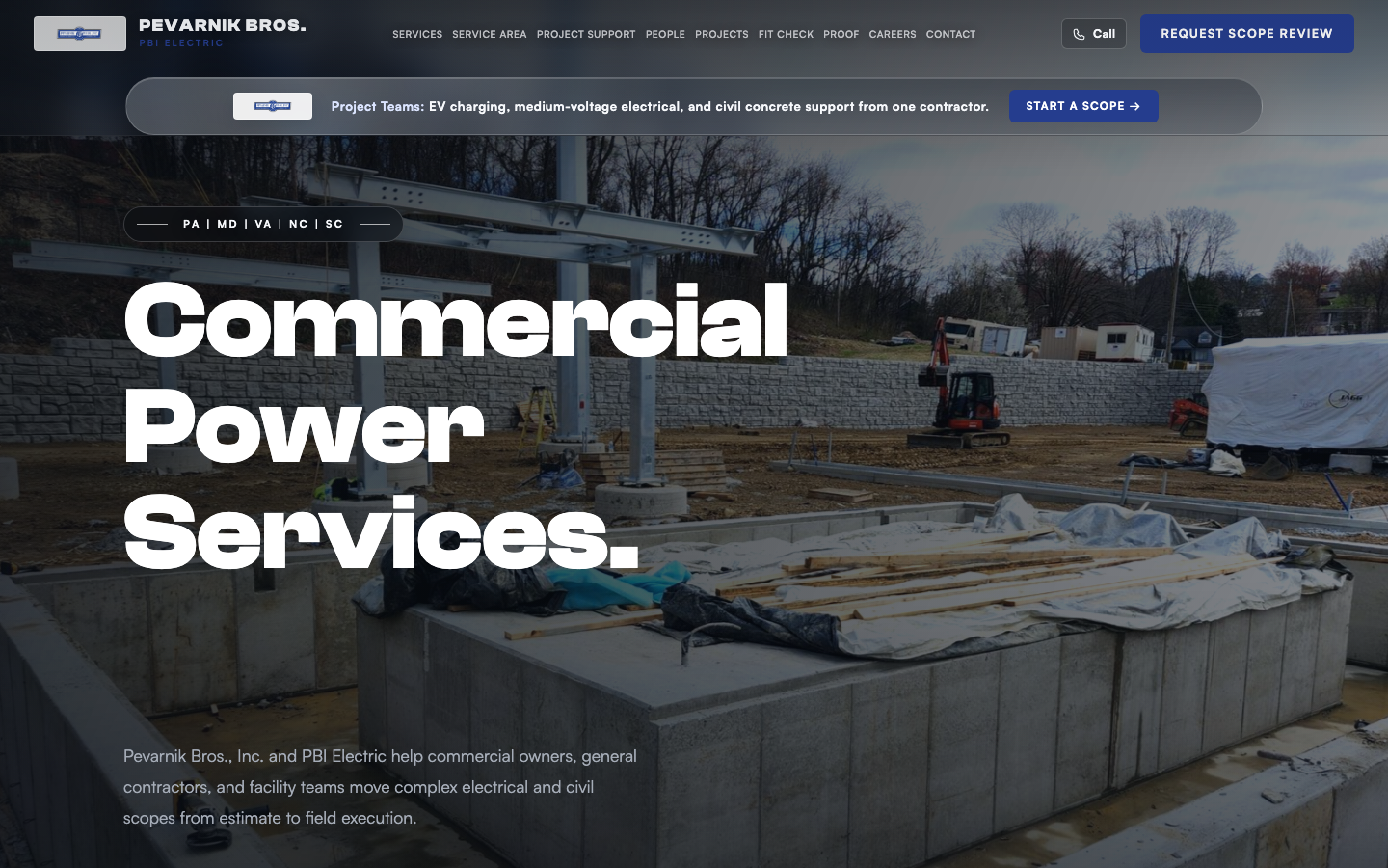 Pevarnik Bros. commercial electrical website desktop preview