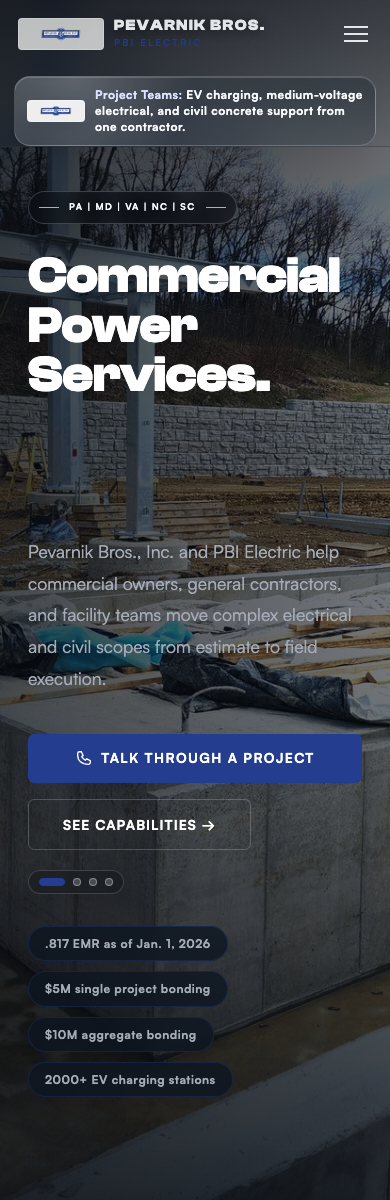 Pevarnik Bros. commercial electrical website mobile preview